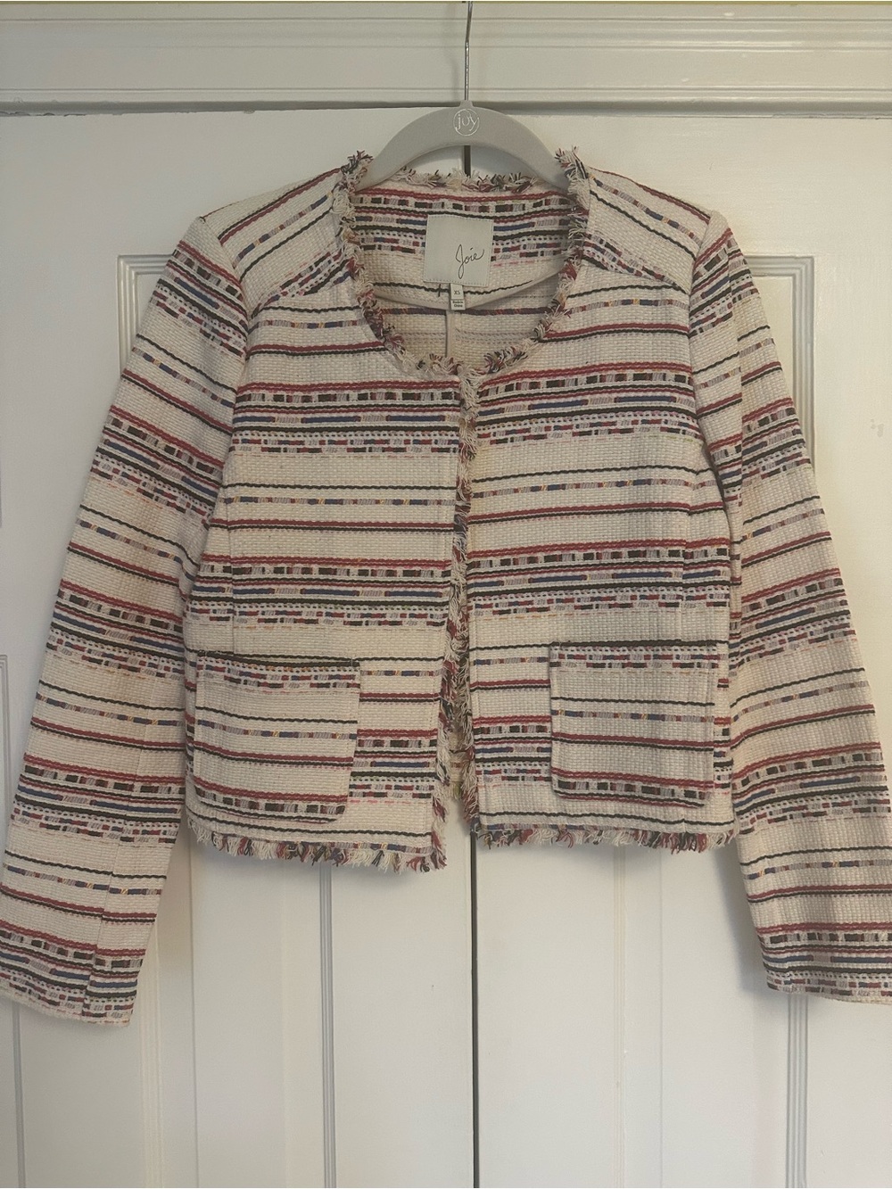 Joie Cream Tweed Cropped Blazer with Multi-Color Stripes